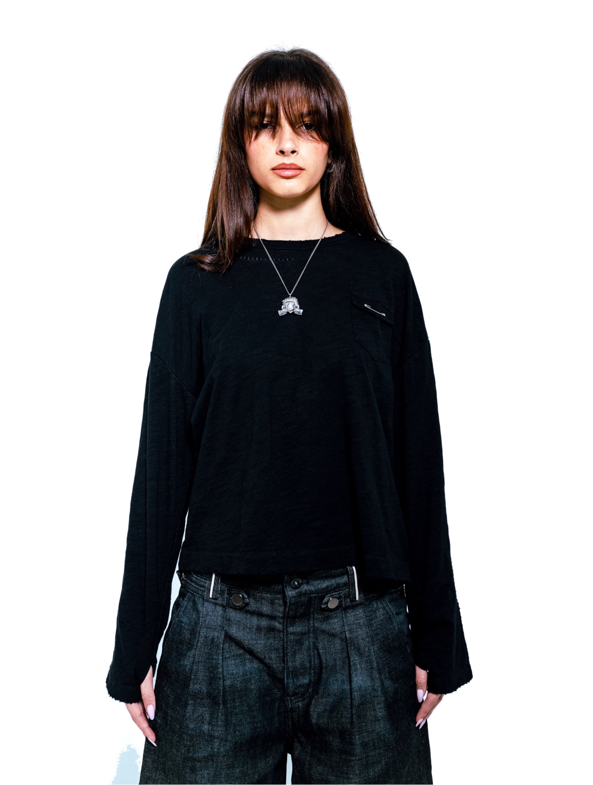 BLACK DOUBLE STITCHED BAMBOO SLUBBED LONG-SLEEVE